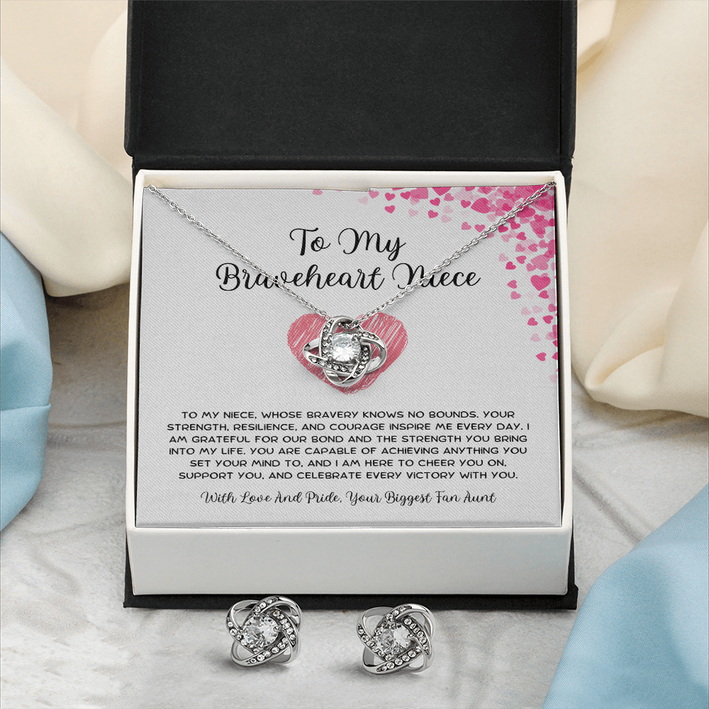 To My Braveheart Niece - From Aunt to Niece Love Knot Earring With Necklace Set