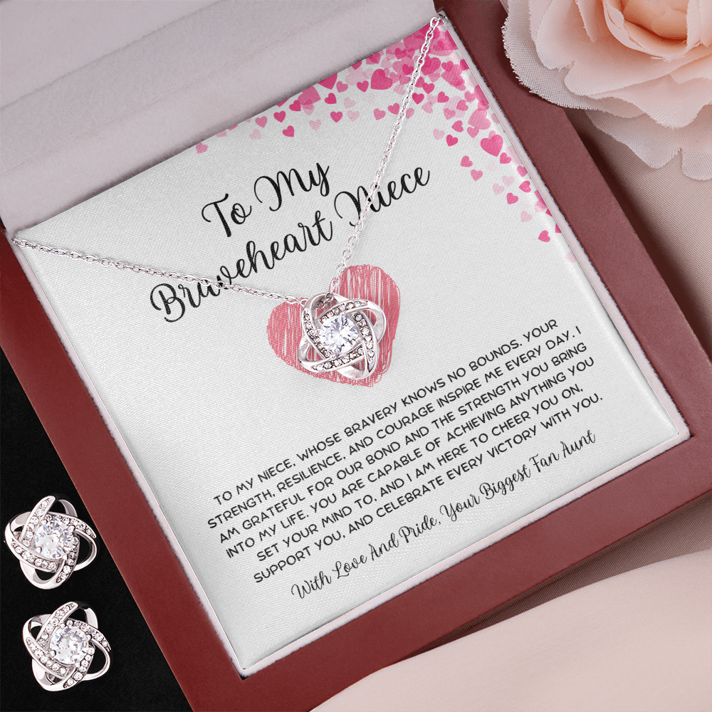 To My Braveheart Niece - From Aunt to Niece Love Knot Earring With Necklace Set