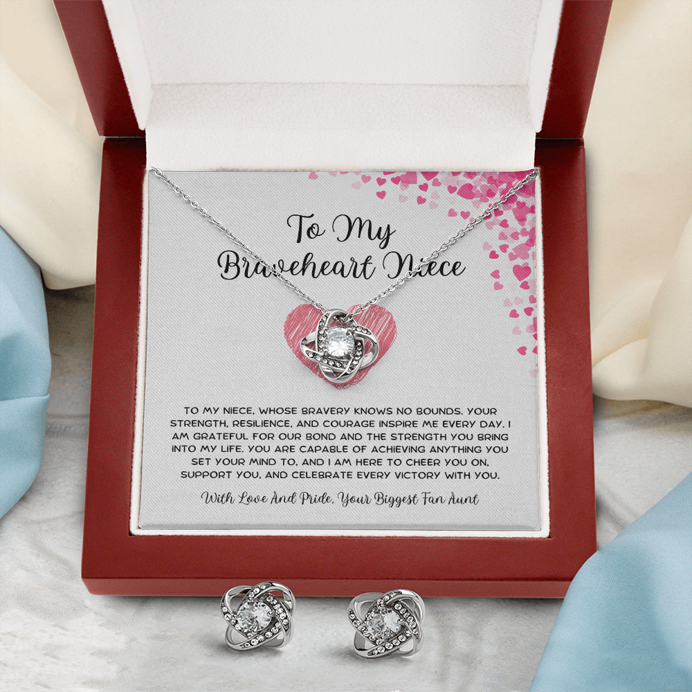 To My Braveheart Niece - From Aunt to Niece Love Knot Earring With Necklace Set
