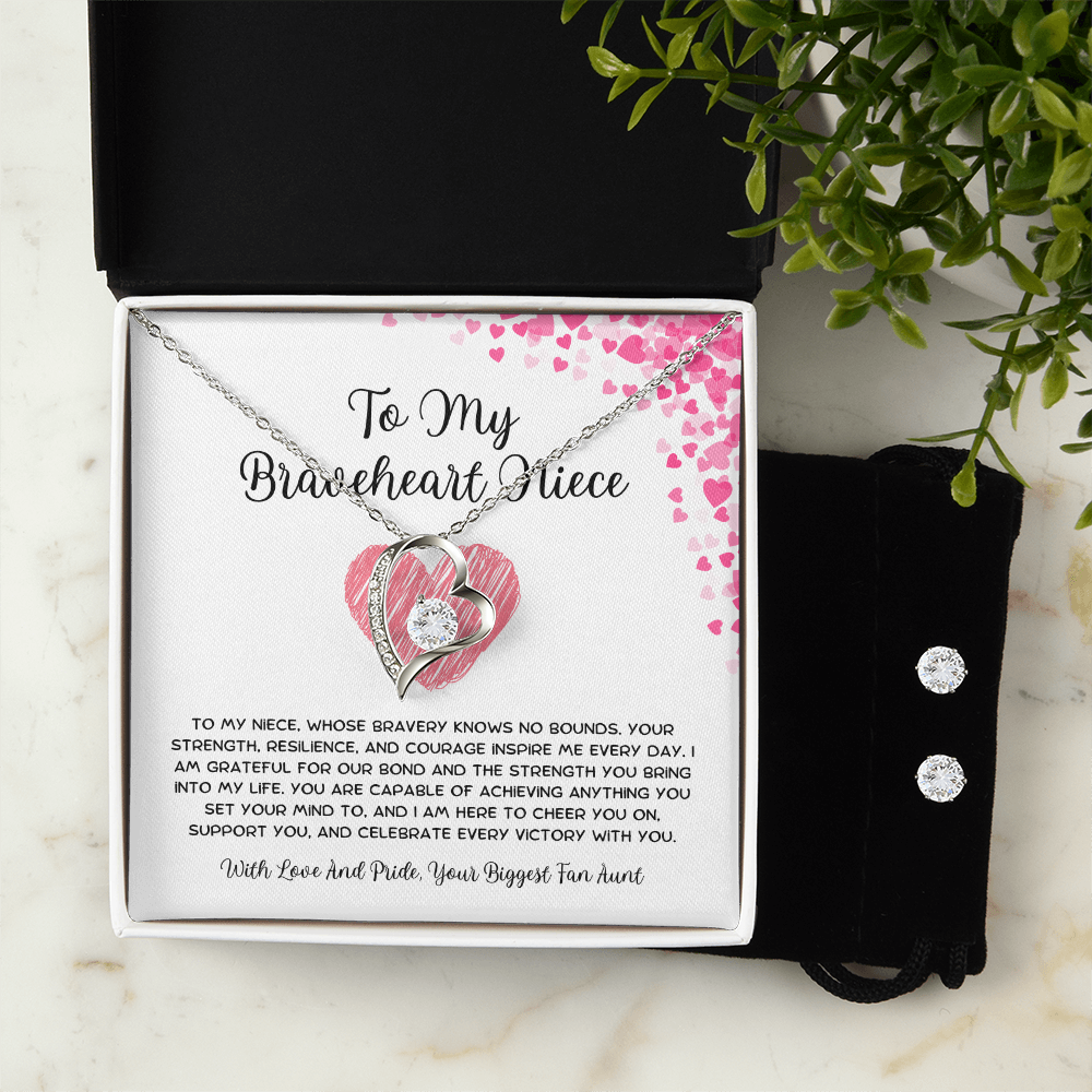 To My Braveheart Niece - From Aunt to Niece Forever Love Necklace With Earrings