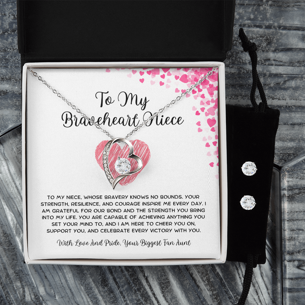 To My Braveheart Niece - From Aunt to Niece Forever Love Necklace With Earrings