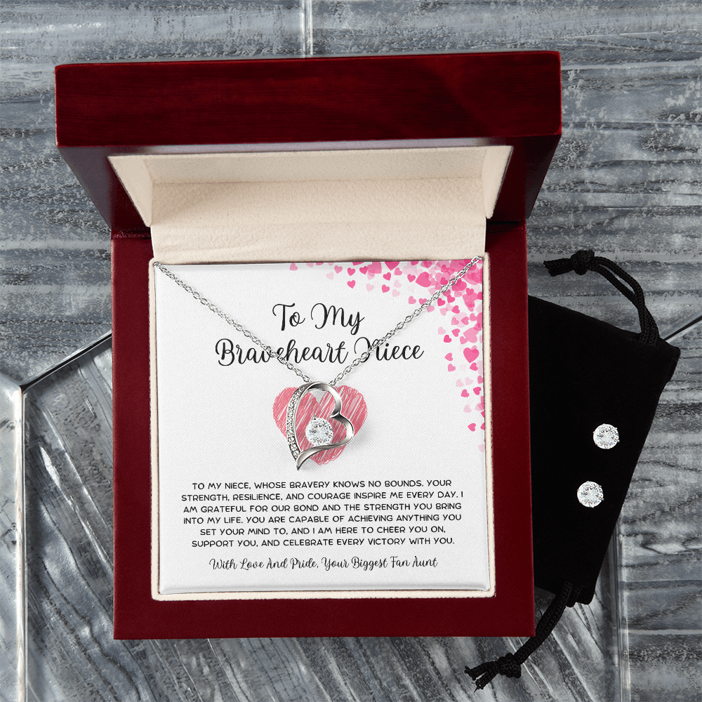 To My Braveheart Niece - From Aunt to Niece Forever Love Necklace With Earrings