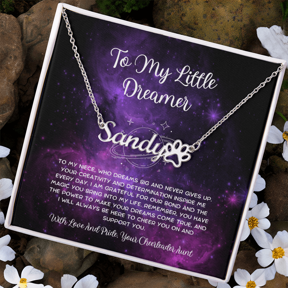 To My Little Dreamer - From Aunt to Niece Paw Print Name Necklace