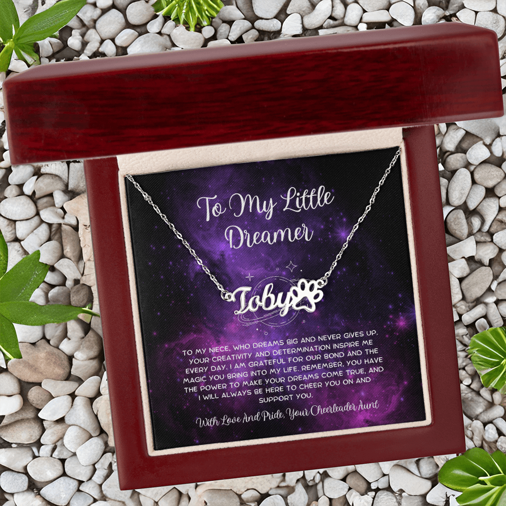 To My Little Dreamer - From Aunt to Niece Paw Print Name Necklace