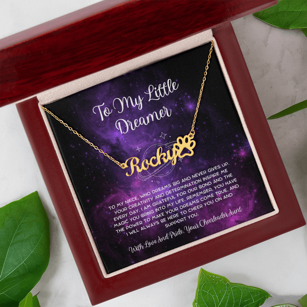 To My Little Dreamer - From Aunt to Niece Paw Print Name Necklace